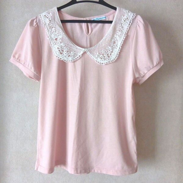 半袖Tシャツ ピンク レース襟