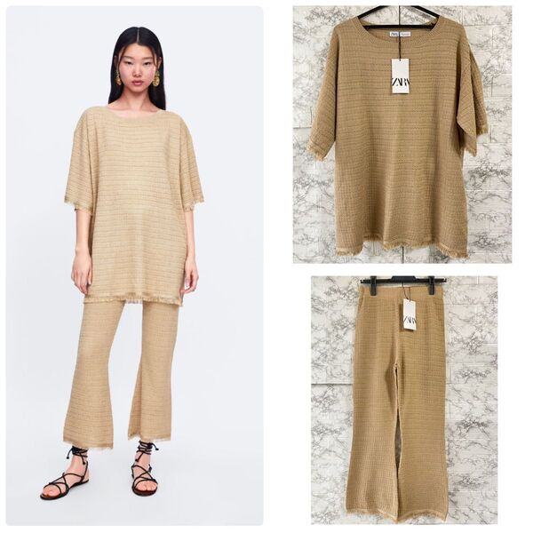 ZARA フリンジ 付き ニット パンツ トップス セットアップ ザラ ゴールド
