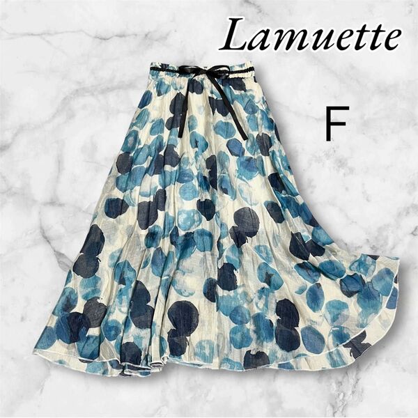【Lamuette】ラミュエット ドット柄ロングスカート 水玉 サイズフリー ウエストゴム リボン 薄手 夏 涼しげ