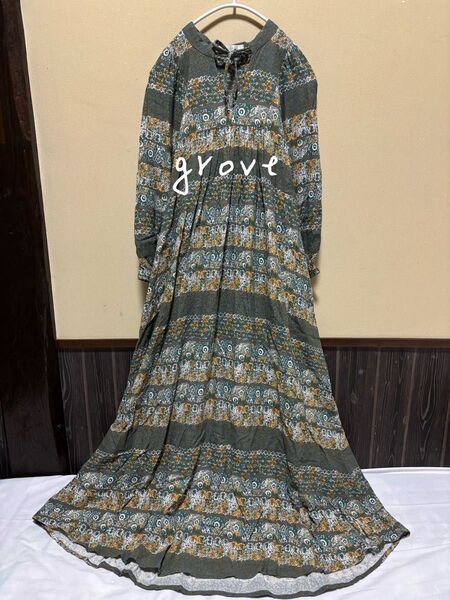 grove パネルプリントデザインワンピース ロング 花柄 総柄 ドレス ワンピース