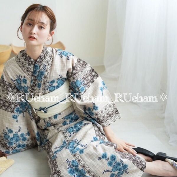 新品【モノクロ麻の葉ミント花】utatane ニコアンティーク 浴衣単品