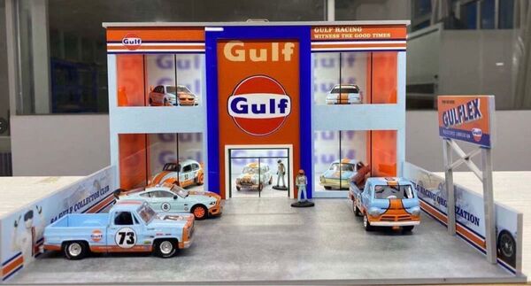 1/64 ミニカー ジオラマ gulf ガルフ ガレージ モーターショーホール ホットウィール PORSCHE