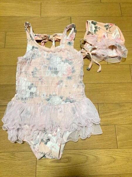 フラワープリント水着 120サイズ 帽子付き 2点セット ワンピース水着