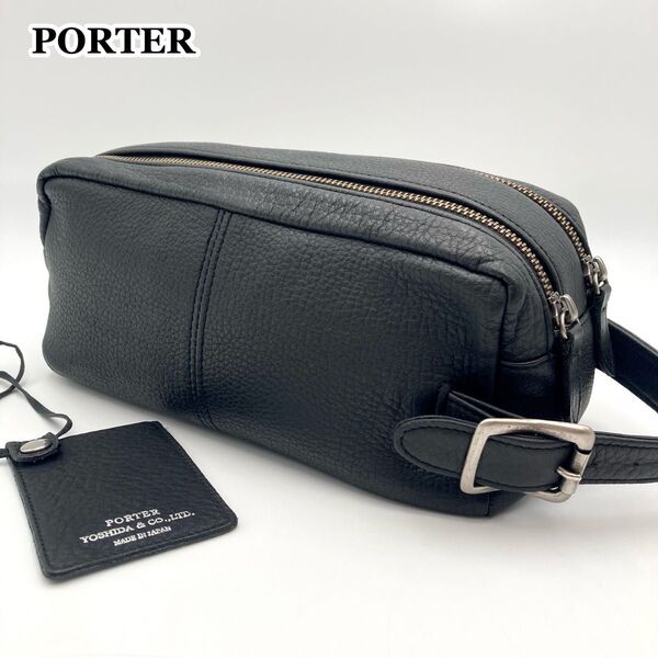 【極美品】PORTER ポーター 吉田カバン ウィズ セカンドバッグ 本革 ブラック ダブルジップ 2室 ビジネス 無地 シンプル