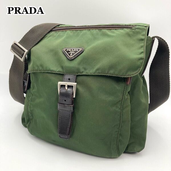 発色の良いお色味【美品】 PRADA プラダ ショルダーバッグ 三角ロゴプレート テスートナイロン 本革 カーキ×茶色 フラップ