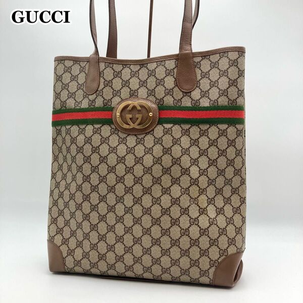 【希少】GUCCI オールドグッチ トートバッグ 縦型 PVC レザー GG柄 シェリーライン インターロッキング 肩掛け A4