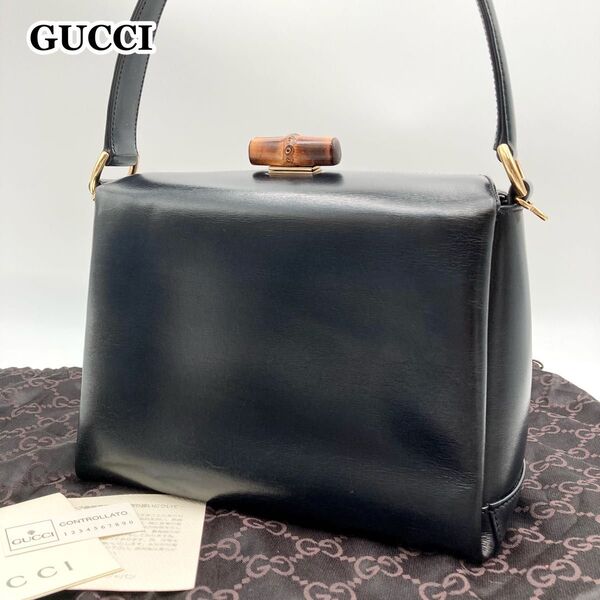 【美品】GUCCI グッチ フォーマルバッグ ハンドバッグ バンブー ターンロック 黒 本革 ヴィンテージ 冠婚葬祭にも 高級感