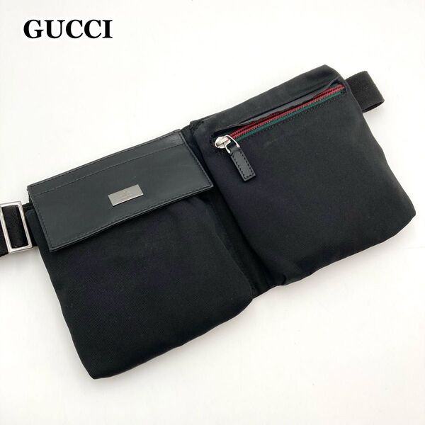 激レア【極美品】GUCCI グッチ ボディバッグ ナイロン×レザー 黒 シェリーライン 無地 シンプル ロゴプレート 男女OK