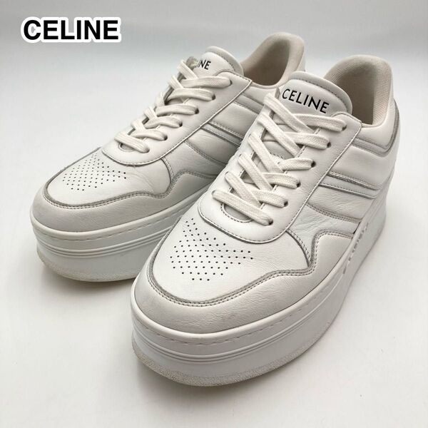 現行モデル【美品】CELINE セリーヌ ブロックスニーカー ローカット 白 レザー 厚底 ロゴ印字 38 25cm相当 男女兼用