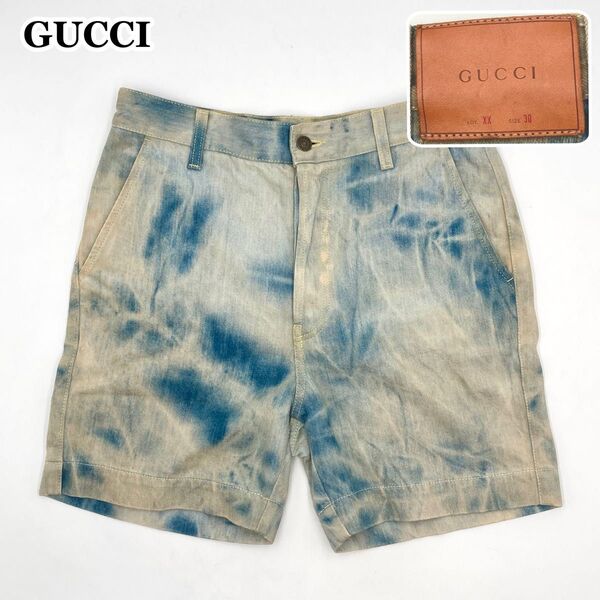 激レア【極美品】GUCCI グッチ ショートパンツ ハーフパンツ ヴィンテージ加工デニム 青系 レザーパッチ 30 M相当 メンズ