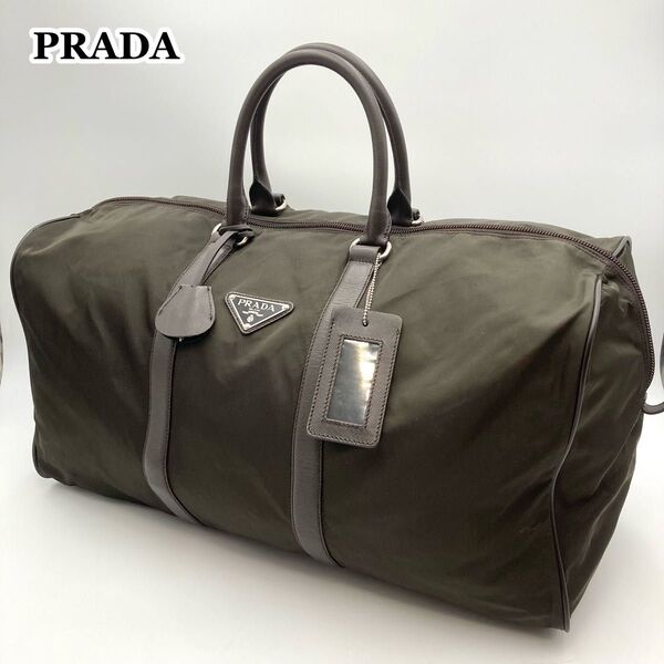 男女OK【美品】PRADA プラダ ボストンバッグ 旅行カバン テスートナイロン×サフィアーノレザー カーキ 大容量 三角ロゴ