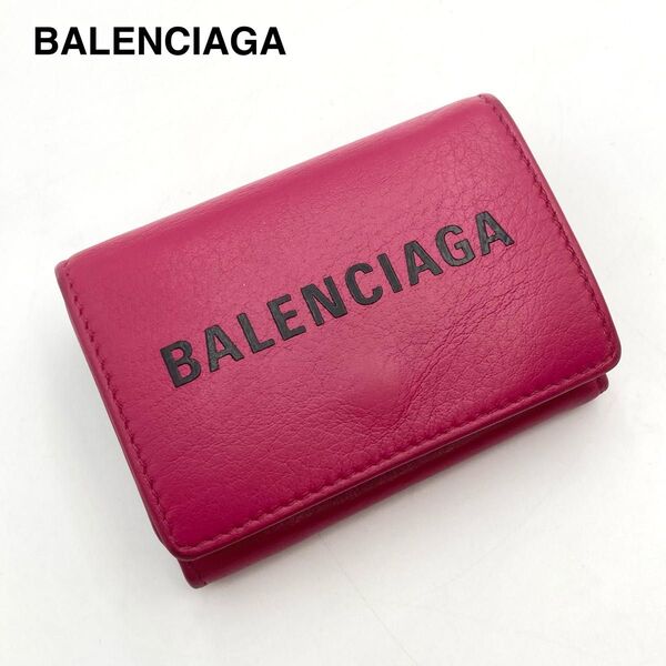 【極美品】BALENCIAGA バレンシアガ エブリデイ 三つ折り財布 コンパクトウォレット レザー ロゴプリント ピンク×黒