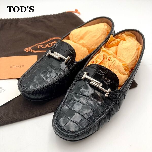 【美品】TOD'S TODS トッズ ローファー ドライビング シューズ 革靴 黒 クロコ型押し ダブルTロゴ金具 38 保存袋付