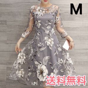 ワンピース 花柄 グレー M ドレス 結婚式 二次会 フォーマル お呼ばれ 発表会 ミモレ丈ワンピース フレア 女子会 食事会
