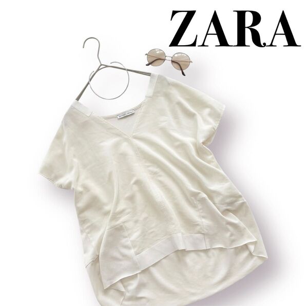 【ZARA】ゆったり フレンチスリーブ Vネック ブラウス トップス Tシャツ 白 サラサラ 半袖 オフホワイト 無地