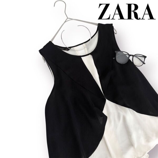 ZARA ノースリーブトップス★ブラウス シフォン モノトーン フレア 黒/白 タンクトップ ベスト ジレ 夏 サラサラ 大人