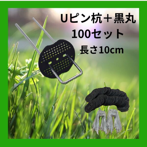 防草シート 固定 U字ピン10cm 100本 黒丸付き 強風対策にも