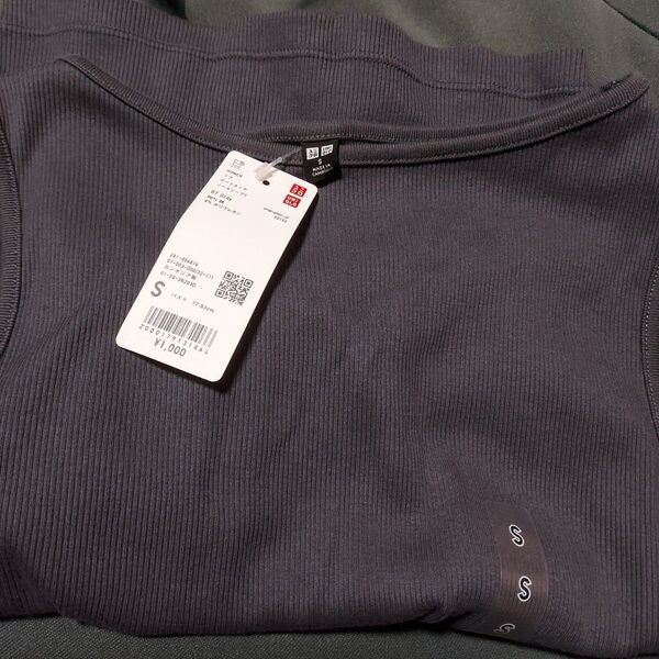 タグ付き新品 UNIQLO リブボートネックノースリーブT グレー S