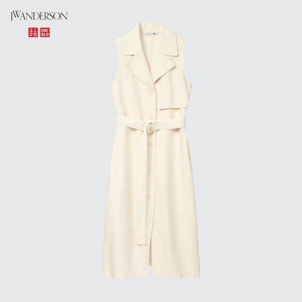 タグ付き新品 UNIQLO リネンブレンドラペルワンピース 白 ホワイト S