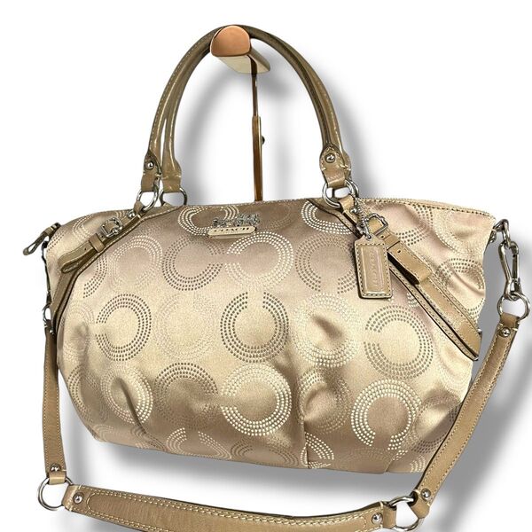 【美品】大容量 COACH コーチ 2way トート ショルダーバッグ サテンキャンバス×レザー 本革 オプチアート 馬車ロゴ
