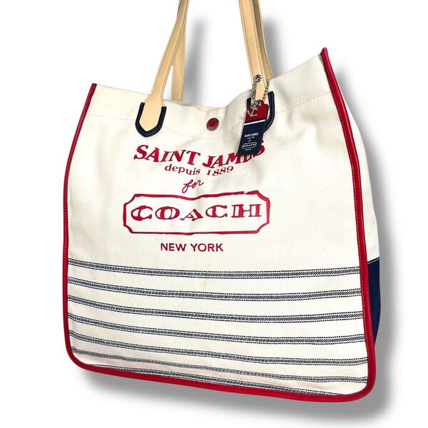 【美品】COACH コーチ セントジェームス コラボ トートバッグ キャンバス×レザー 本革 ビッグロゴ 大容量 A4可 肩掛け