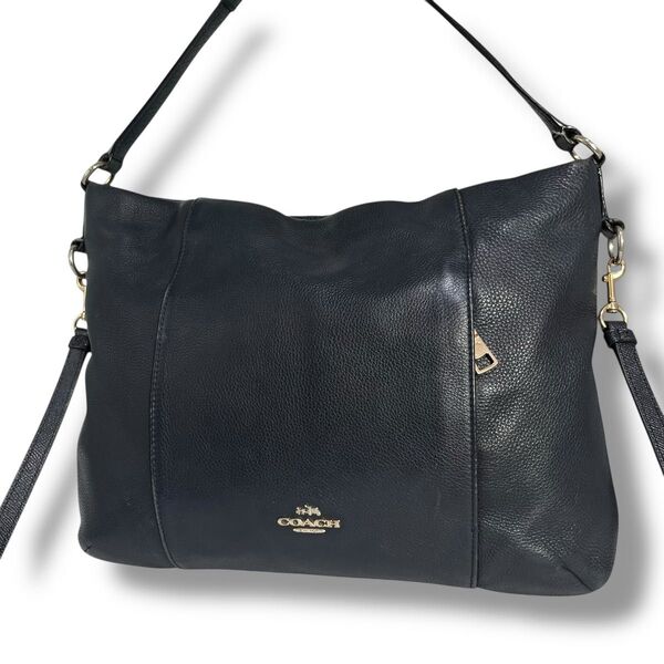 【美品】大容量 COACH コーチ 2way ワンショルダーバッグ レザー 本革 ネイビー ビジネス 通勤通学 A4収納可 肩掛け