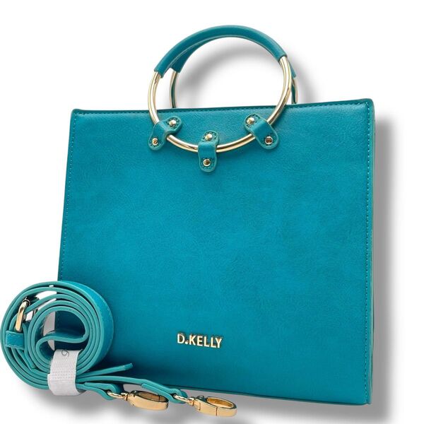 【美品】D.KELLY ディーケリー 2way ハンド ショルダーバッグ リングモチーフ ターコイズブルー 肩掛け 斜め掛け