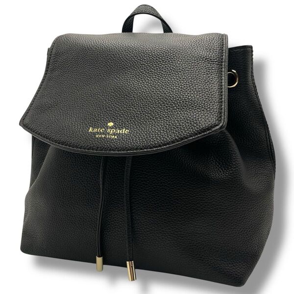 【美品】kate spade ケイトスペード リュック バックパック レザー 本革 ロゴ 巾着型 ブラック 黒
