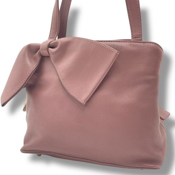 【レア】FURLA フルラ ミニトート ハンドバッグ オールレザー 本革 りぼん ロゴ金具 ミニバッグ 手提げ くすみピンク