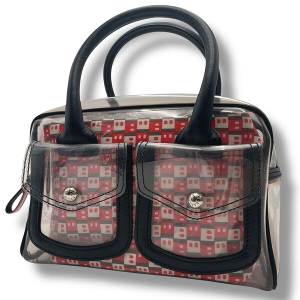 【レア】BALLY バリー ミニトート ハンドバッグ クリア×レザー 本革 レッド 赤系 ブラック 黒 総柄