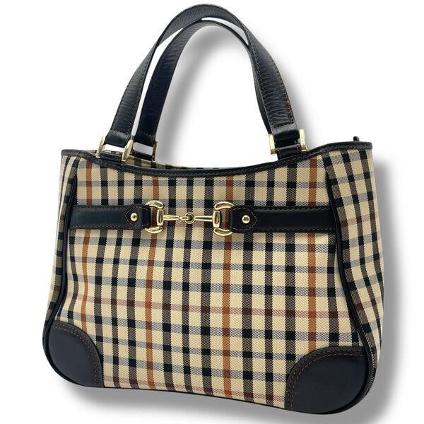 【美品】レア DAKS ダックス ミニトート ハンドバッグ ナイロン×レザー 本革 ハウスチェック ホースビット ビット金具