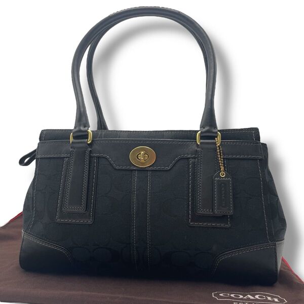 【極美品】COACH コーチ トートバッグ キャンバス×レザー 本革 ターンロック 肩掛け シグネチャー ブラック 黒
