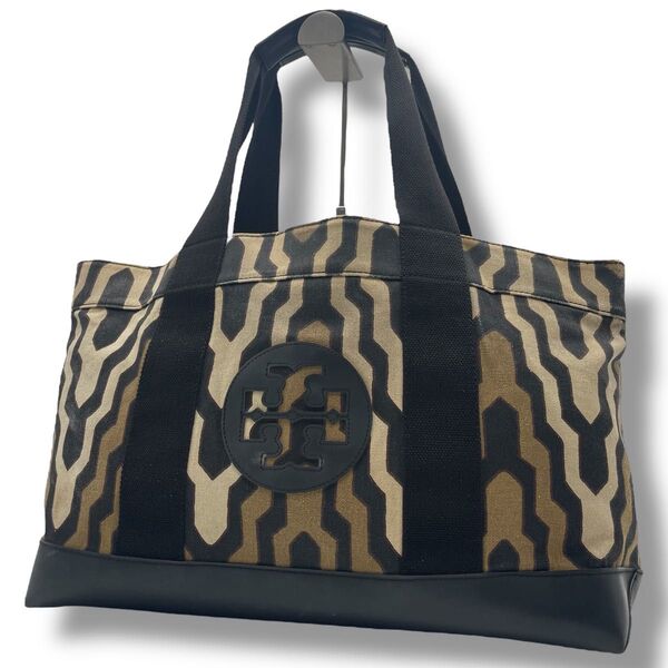 【良品】大容量 TORY BURCH トリーバーチ エラ トートバッグ キャンバス×レザー 本革 肩掛け ロゴ 総柄 A4収納可