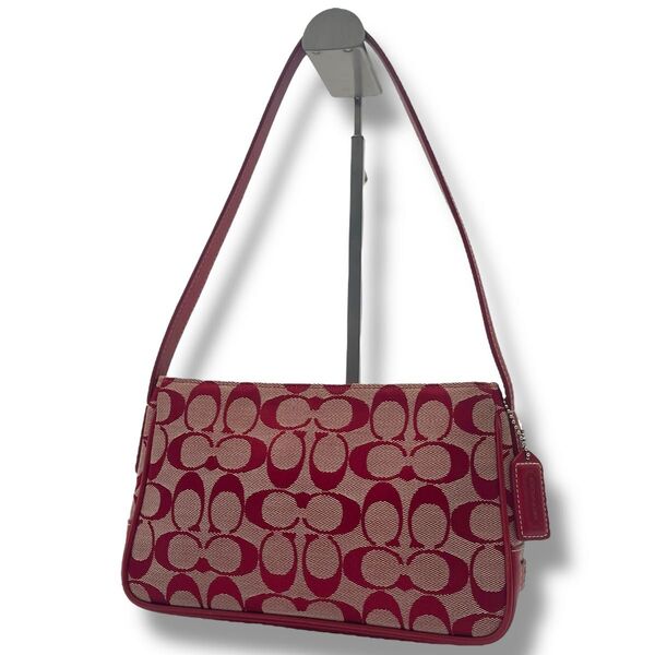 【美品】希少 COACH コーチ アクセサリーポーチ ワンショルダーバッグ キャンバス×レザー 肩掛け ハンドバッグ シグネチャー