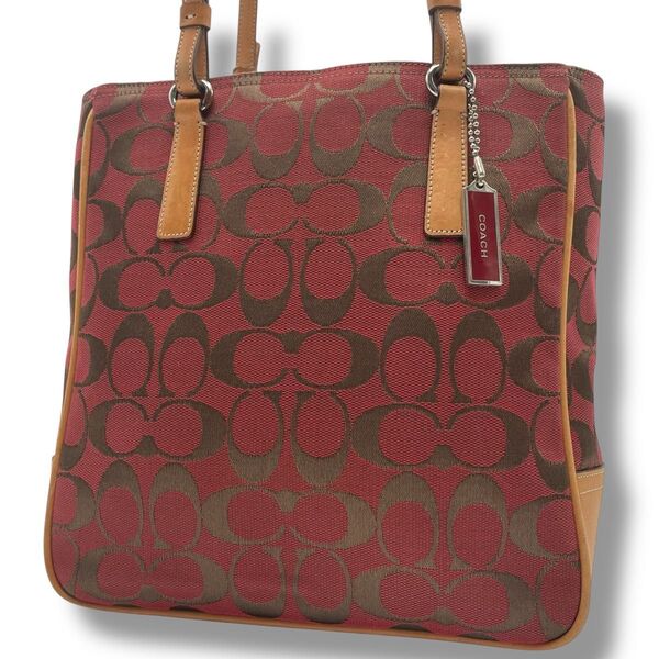 【良品】レア COACH コーチ トートバッグ キャンバス×レザー ヌメ革 本革 シグネチャー 赤 レッド 肩掛け チャーム付