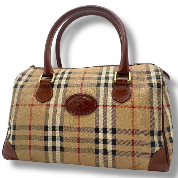 【良品】BURBERRY バーバリー ミニボストン ハンドバッグ ノバチェック PVC×レザー 本革 シャドーホース ベージュ 茶