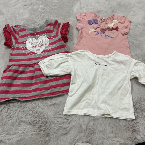 キッズ子ども女の子ベビー服半袖Tシャツワンピース3点セットまとめ売り 90センチ エニィファム オンワード梶山 子供服 リボン