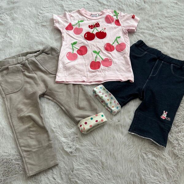 キッズ子ども女の子ベビー服トップス半袖Tシャツボトムスハーフパンツ長ズボンデニムパンツ3点セットまとめ売り90センチミキハウス