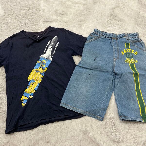 難あり!キッズ子ども男の子トップス半袖Tシャツボトムスデニムパンツ2点セットまとめ売り140センチ GAP ギャップキッズ