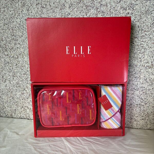 未使用 ギフト 箱入り ELLE エル ポーチ ハンカチセット 化粧ポーチ ケース 小物入れ 赤