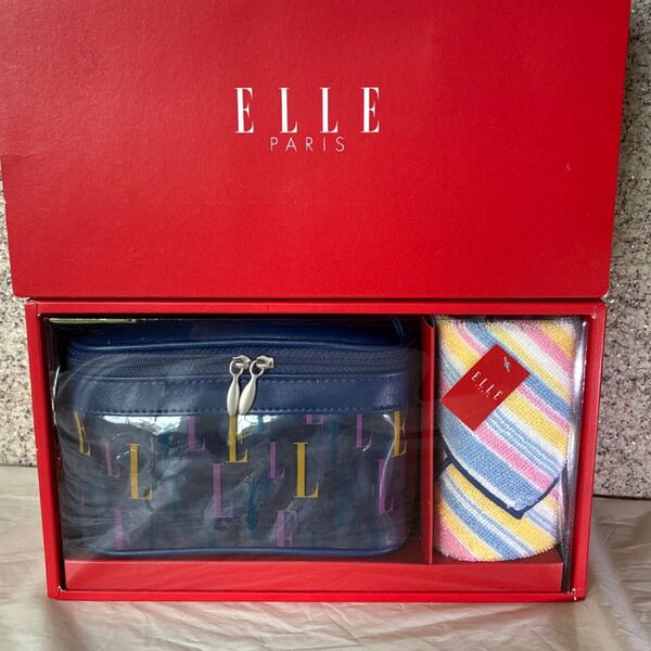未使用 ギフト 箱入り ELLE エル ポーチ ハンカチセット 化粧ポーチ ケース 小物入れ 紺色 青 エルプラネット