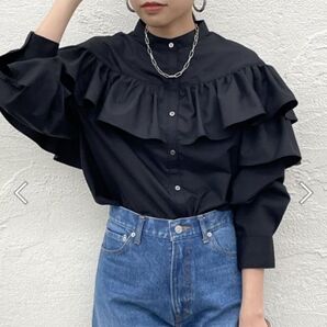 Loungedress☆ラウンジドレス☆ショルダーフリルブラウス ブラック バンドカラー シャツ 黒 F 美品 バンドカラー