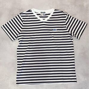 SHIPS×LACOSTEコラボ ラコステ ポロ V字ネックシャツ 青ワニ M ボーダー柄 ホワイト
