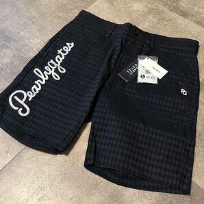 新品 PEARLY GATES パーリーゲイツ 筆記体ロゴグラフィック 千鳥ジャガード ショートパンツ ダークネイビー