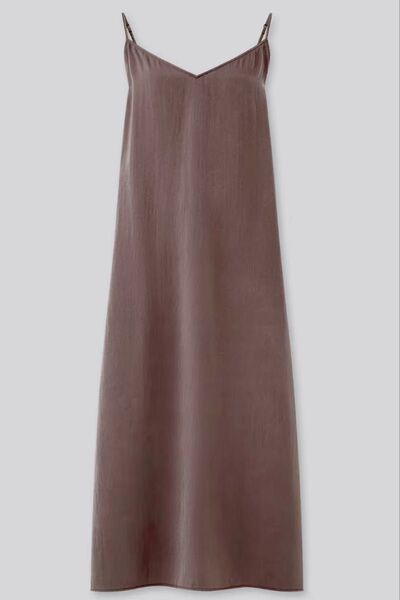 【ユニクロ】キャミソール サイドスリットロングワンピース ★★used美品★★ 滑らかな肌触り♪ Lサイズ、ブラウン