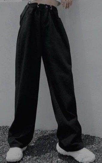 ハイウエスト フック タック ワイドストレートジーンズ デニムパンツ ジーパン 黒 fashion jeans 中国製 M