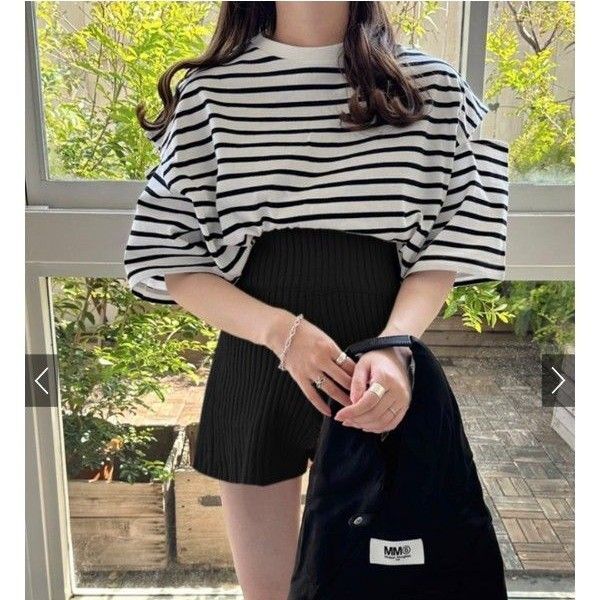 新品 未使用 タグ付き ボーダー柄ショルダースリットTシャツ 綿100% 半袖 トップス カットソー ホワイトxブラック GRL