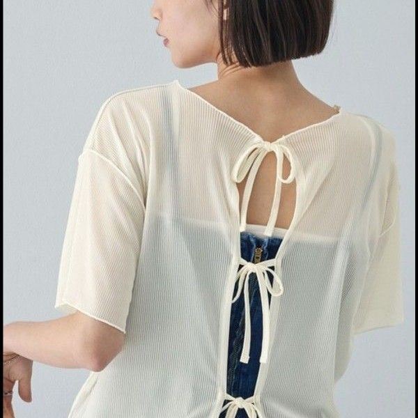 未使用タグ付 MONO-MART アウトリンキング2WAYシアー半袖カーディガン シースルー メッシュ 前後2way 半袖Tシャツ