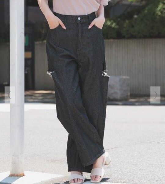 C・O・L・Z・A honeys サイドカットワイドストレートデニムパンツ アイボリー ウエストゴム ジーパン ジーンズ ダメージ