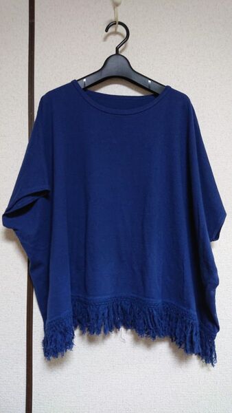 裾フリンジカットソー Tシャツ ノースリーブ フレンチスリーブ ドロップショルダー ポンチョ ゆったり オーバーサイズ 体型カバー